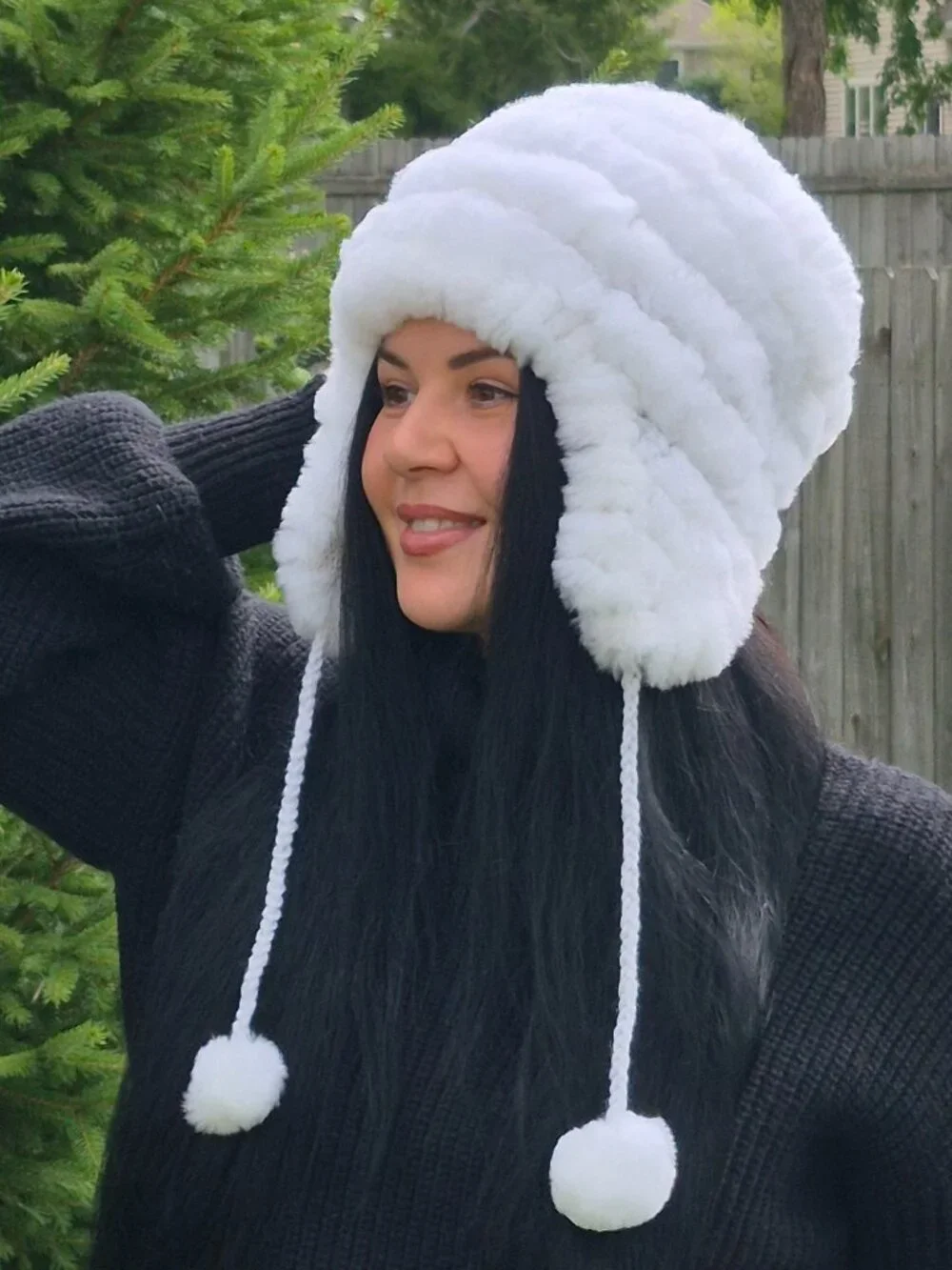 White Rex Rabbit Fur Earflap Hat, Fluffy Skandinavia Aleutka Beanie
